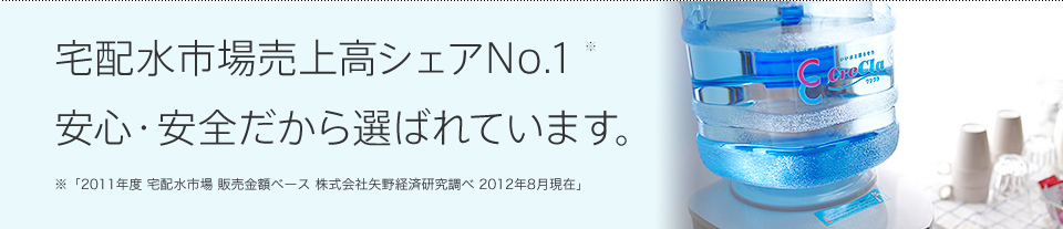 宅配水市場売上高シェアNo.1 安心・安全だから選ばれています。※「2011年度 宅配水市場 販売金額ベース 株式会社矢野経済研究調べ 2012年8月現在」